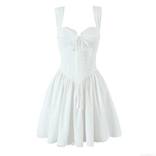 Women's Sexy White Lace-up Corset Camisole Mini Dress 100% Cotton Lace Trim Pleated A-line Skirt Backless French Retro Style Summer Party Dating Dresses