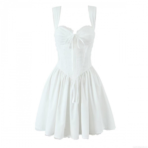 Women's Sexy White Lace-up Corset Camisole Mini Dress 100% Cotton Lace Trim Pleated A-line Skirt Backless French Retro Style Summer Party Dating Dresses