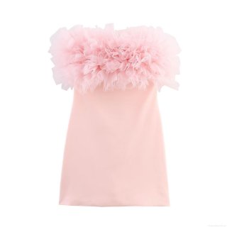 Women's Sexy Pink Tulle Mini Dress Strapless Sleeveless Ruffled A-Line Mesh Party Dress Summer European Style Fashion Slim Fit Evening Short Dress
