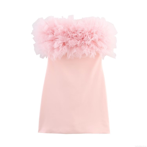 Women's Sexy Pink Tulle Mini Dress Strapless Sleeveless Ruffled A-Line Mesh Party Dress Summer European Style Fashion Slim Fit Evening Short Dress