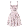 Women Floral Print Cami Mini Dress Square Neck Lace-up Backless Sleeveless A-line Dress For Summer Party Date Night Cottagecore Style Clothing