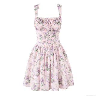 Women Floral Print Cami Mini Dress Square Neck Lace-up Backless Sleeveless A-line Dress For Summer Party Date Night Cottagecore Style Clothing