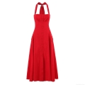 Women's Halter Neck Dress French Vintage Cotton Backless Big Bow Sleeveless Single Breasted A-Line Midi Dress Retro Summer Fashion Clothes
