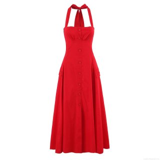 Women's Halter Neck Dress French Vintage Cotton Backless Big Bow Sleeveless Single Breasted A-Line Midi Dress Retro Summer Fashion Clothes