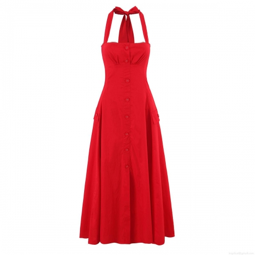Women's Halter Neck Dress French Vintage Cotton Backless Big Bow Sleeveless Single Breasted A-Line Midi Dress Retro Summer Fashion Clothes