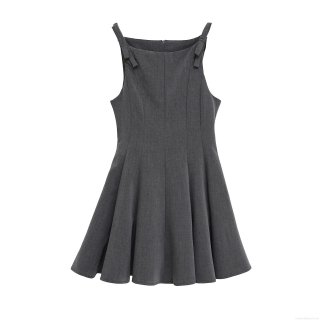 Women Sleeveless Mini Dress Dark Grey Bow Shoulder Detail A-Line Summer Casual Streetwear Short Dress In Regenerated Cellulose Fiber Blend