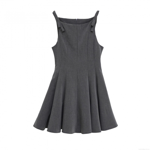 Women Sleeveless Mini Dress Dark Grey Bow Shoulder Detail A-Line Summer Casual Streetwear Short Dress In Regenerated Cellulose Fiber Blend