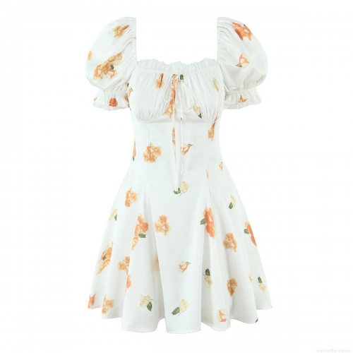 Women's French Vintage Floral Print Mini Dress Square Neck Lace Trim Bubble Short Sleeve Cotton Blend Slim Fit A-Line Summer Sundress With Back Zipper