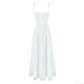 Women's White Lace Patchwork Spaghetti Strap Maxi Dress Elegant Single-Breasted Ruffle Hem Sleeveless Summer Beach Dress Polyester Rayon Blend A-Line Long Gown