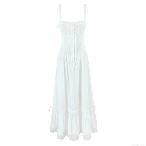 Women's White Lace Patchwork Spaghetti Strap Maxi Dress Elegant Single-Breasted Ruffle Hem Sleeveless Summer Beach Dress Polyester Rayon Blend A-Line Long Gown