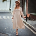 Women's Elegant Square Neck Long Sleeve Midi Dress Pleated High Waist Chiffon A-Line Maxi Party Dress With Back Bow Tie For Autumn Winter Commuter Ladies