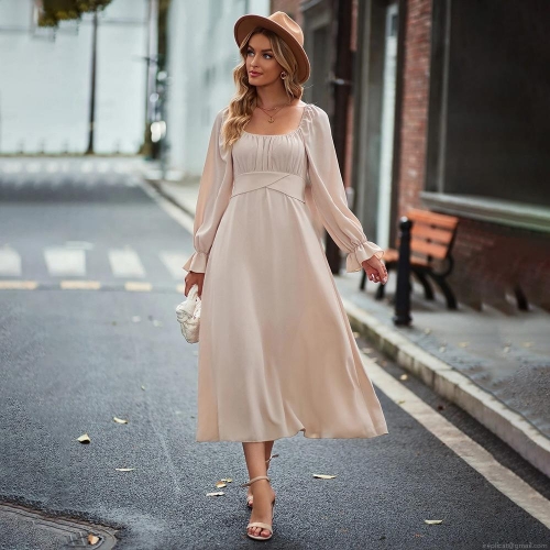 Women's Elegant Square Neck Long Sleeve Midi Dress Pleated High Waist Chiffon A-Line Maxi Party Dress With Back Bow Tie For Autumn Winter Commuter Ladies