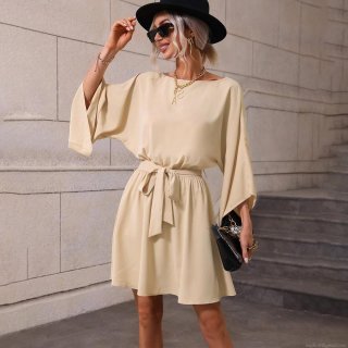 Women's Elegant Batwing Sleeve Mini Dress 100% Polyester Tie Waist Casual Short Dress For Dating Party Daily Wear Ladies Fashion