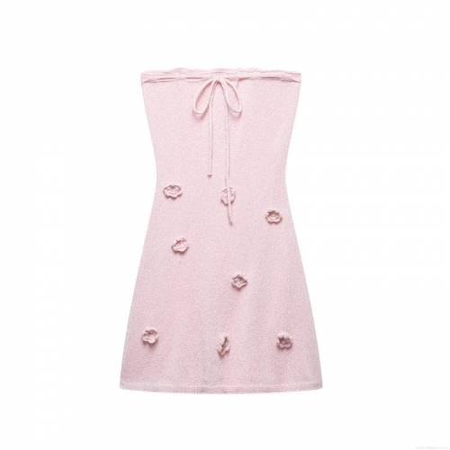 Women's Pink Strapless Knit Mini Dress With 3D Floral Decoration Drawstring A-Line Sexy Streetwear Summer Party Outfits