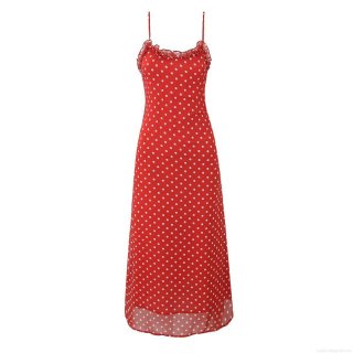 Women Polka Dot Spaghetti Strap Cami Dress With Ruffle Trim 100% Polyester Midi Length Vintage Street Style Red Dress For Summer Party