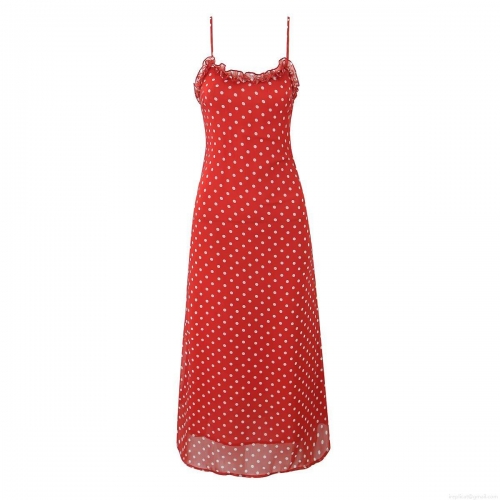 Women Polka Dot Spaghetti Strap Cami Dress With Ruffle Trim 100% Polyester Midi Length Vintage Street Style Red Dress For Summer Party