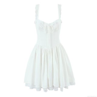 White Cotton Lace Trim Camisole Dress Sleeveless Pleated Mini Dress For Women Summer Casual Vacation Party Sexy Square Neck Backless Dress