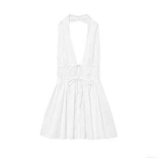 Women's Sexy White Halter Neck Backless Mini Dress With Bow Decoration Sleeveless Button Front Polyester Summer Beach Party Sundress For Ladies