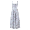 Women's Pastoral Floral Print Midi Cami Dress With Lace Patchwork Sleeveless Square Neck Backless Summer Dress For Vacation Streetwear