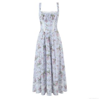 Women's Pastoral Floral Print Midi Cami Dress With Lace Patchwork Sleeveless Square Neck Backless Summer Dress For Vacation Streetwear