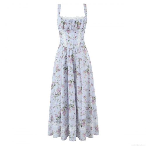 Women's Pastoral Floral Print Midi Cami Dress With Lace Patchwork Sleeveless Square Neck Backless Summer Dress For Vacation Streetwear