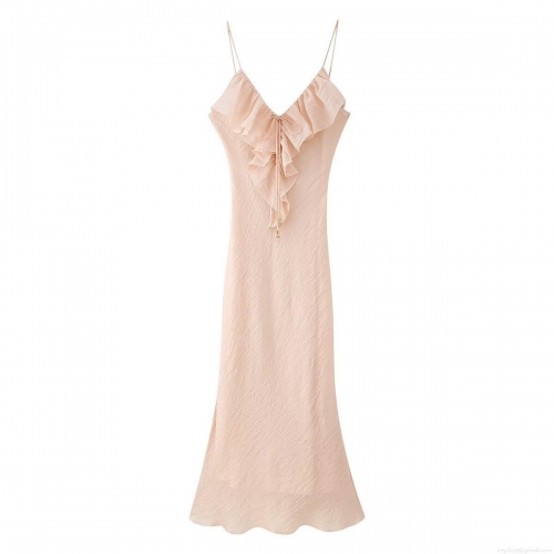 Women's Sexy V-Neck Tiered Ruffle Cami Maxi Dress Elegant Sleeveless Solid Color Satin-Like Pullover Long Dress For Summer Party Dating Vacation