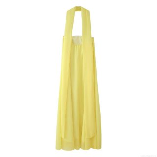 Women's Sexy Halter Neck Maxi Dress Sleeveless Backless A-Line Solid Yellow Polyester Long Dress for Summer Party Vacation Street Style