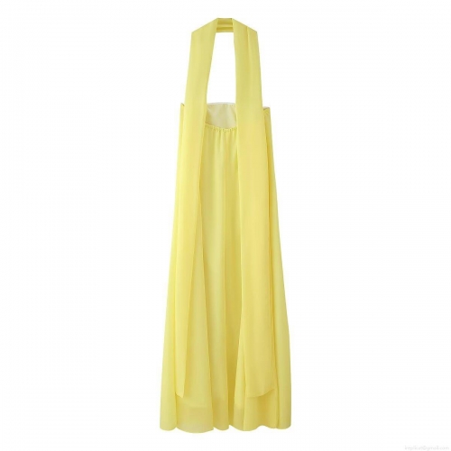 Women's Sexy Halter Neck Maxi Dress Sleeveless Backless A-Line Solid Yellow Polyester Long Dress for Summer Party Vacation Street Style