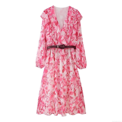 Women's Floral Print Ruffle Maxi Dress With Belt V-Neck Long Sleeve Polyester Chiffon Elegant Casual Vacation Street Style Long Gown
