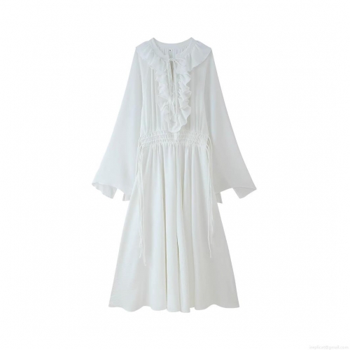 Women's Elegant White V-Neck Ruffle Midi Dress Long Sleeve Drawstring Waist Cotton Blend Casual Fashion Streetwear Street Style Party Dresses