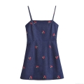 Women's Summer Deep Blue Denim Fabric Mini Dress With Red Cherry Embroidery Backless Slim Fit Sleeveless Cami Dress For Casual Party Vacation
