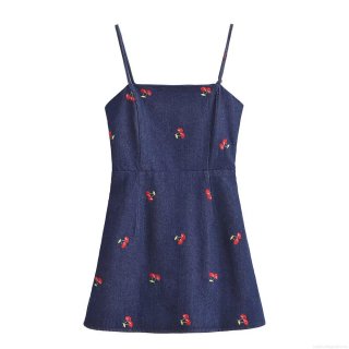 Women's Summer Deep Blue Denim Fabric Mini Dress With Red Cherry Embroidery Backless Slim Fit Sleeveless Cami Dress For Casual Party Vacation