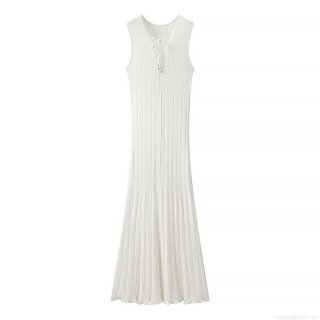 Women's Maxi Dress Summer V-Neck Sleeveless Lace-up Drawstring Ribbed Cotton Knit Slim Fit Casual Vacation Streetwear Long Dress