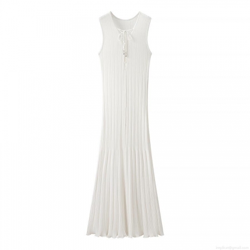 Women's Maxi Dress Summer V-Neck Sleeveless Lace-up Drawstring Ribbed Cotton Knit Slim Fit Casual Vacation Streetwear Long Dress