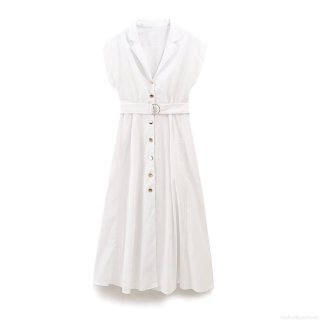 Women's Sleeveless White Shirt Dress Cotton Blend Midi A-Line Dress With Metal Ring Belt Lapel Button Down Dress For Summer Casual Daily Streetwear