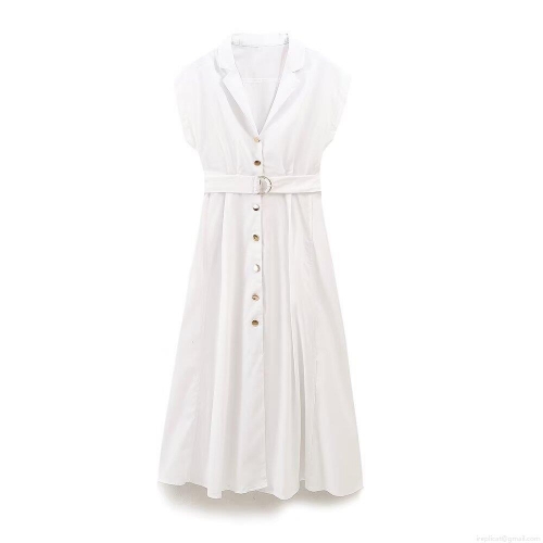 Women's Sleeveless White Shirt Dress Cotton Blend Midi A-Line Dress With Metal Ring Belt Lapel Button Down Dress For Summer Casual Daily Streetwear