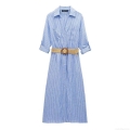 Women's Striped Button Down Shirt Dress With Woven Belt Elegant Long Sleeve Lapel Maxi Dress Casual Summer Vacation Outfits