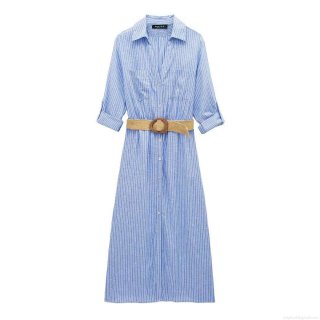Women's Striped Button Down Shirt Dress With Woven Belt Elegant Long Sleeve Lapel Maxi Dress Casual Summer Vacation Outfits