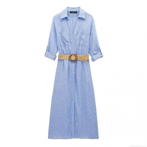 Women's Striped Button Down Shirt Dress With Woven Belt Elegant Long Sleeve Lapel Maxi Dress Casual Summer Vacation Outfits