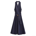 Women Halter Neck Denim Maxi Dress Sexy Backless V Neck Sleeveless A Line Long Dress With Belt For Summer Streetwear Fashion Party