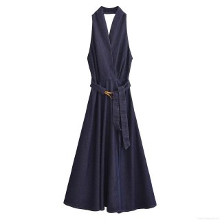 Women Halter Neck Denim Maxi Dress Sexy Backless V Neck Sleeveless A Line Long Dress With Belt For Summer Streetwear Fashion Party