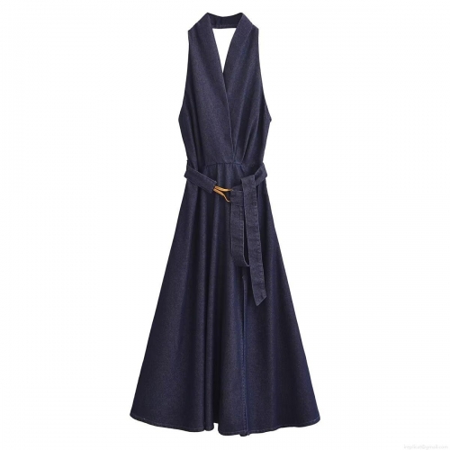 Women Halter Neck Denim Maxi Dress Sexy Backless V Neck Sleeveless A Line Long Dress With Belt For Summer Streetwear Fashion Party