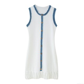 Women's Sleeveless Knitted Midi Dress Contrast Denim Frayed Trim Pleated Hem Retro Gold Buttons Round Neck Streetwear Slim Fit Summer Fashion Dress