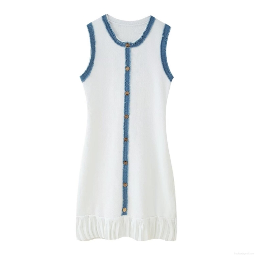 Women's Sleeveless Knitted Midi Dress Contrast Denim Frayed Trim Pleated Hem Retro Gold Buttons Round Neck Streetwear Slim Fit Summer Fashion Dress