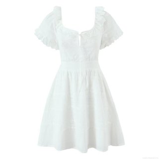 Women's White Cotton Heart Embroidery Hollow Out Dress Backless V-Neck Puff Sleeve Short A-Line Dress Summer Vacation Sweet French Style Party Wear