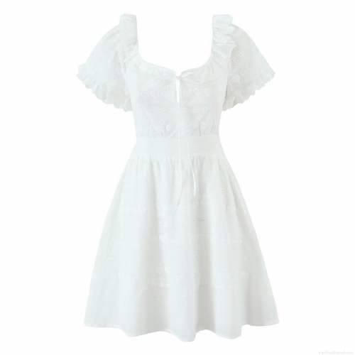 Women's White Cotton Heart Embroidery Hollow Out Dress Backless V-Neck Puff Sleeve Short A-Line Dress Summer Vacation Sweet French Style Party Wear