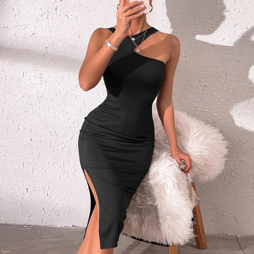 Women's Sexy Asymmetric Cutout One Shoulder Ribbed Knit Midi Dress High Slit Slim Fit High Waist Solid Black Bodycon Dress For Party Evening Clubwear