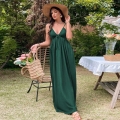Women Sexy Backless V-Neck Cami Maxi Dress Cotton Polyester Blend A-Line Slim Fit Summer Beach Vacation Long Dress For Women
