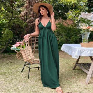 Women Sexy Backless V-Neck Cami Maxi Dress Cotton Polyester Blend A-Line Slim Fit Summer Beach Vacation Long Dress For Women
