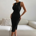 Women's Sexy Rib-Knit Sleeveless Round Neck Bodycon Midi Dress With Side Slit Back Tie Bow Polyester Elastane Slim Fit Dress For Party Clubwear